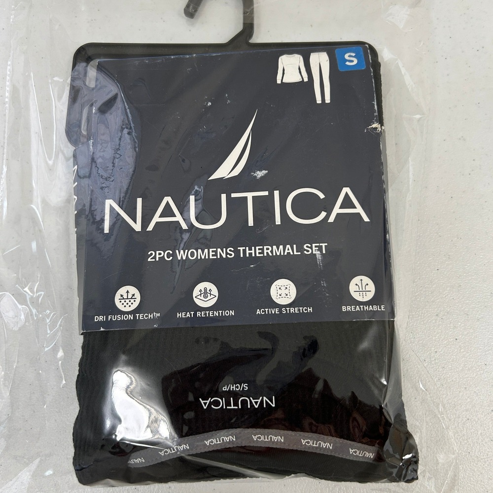 Nautica Womens 2PC Thermal Set Black Waffle Knit Dri Fusion Tech Base Layer S